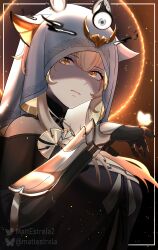 1girl absurdres black_gloves blonde_hair bluesky_username breasts closed_mouth eyelashes eyes_in_shadow gloves highres indie_virtual_youtuber long_hair looking_at_viewer matt_estrela sanagi_yuzu solo twitter_username upper_body virtual_youtuber white_hood yellow_eyes