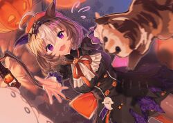 Rule 34 | 1girl, absurdres, ahoge, animal ears, ascot, back bow, black dress, blurry, blurry foreground, bob cut, bow, brown hair, chinese commentary, commentary request, dress, dutch angle, ear covers, flying sweatdrops, frilled hairband, frills, ghost, ghost ornament, hairband, halloween, highres, hiroshi (xswl 1919007), horse ears, horse girl, jack-o&#039;-lantern, long sleeves, looking at viewer, medium dress, medium hair, meisho doto (dot-o&#039;-lantern) (umamusume), meisho doto (umamusume), multicolored hair, night, official alternate costume, open mouth, original, outdoors, pantyhose, purple eyes, reaching, reaching towards viewer, single ear cover, smile, solo, staff, standing, tanuki, two-tone hair, umamusume, white ascot, white hair