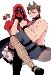 2boys ? alternate_costume animal_ears animification beard big_bad_wolf big_bad_wolf_(cosplay) black_gloves bow brown_hair chain chain_leash chest_hair clenched_hand collar commentary_request cosplay couple deadpool deadpool_&amp;_wolverine deadpool_(series) denim dress facial_hair fishnets gloves halloween halloween_costume heart highres hood hood_up jeans leash little_red_riding_hood little_red_riding_hood_(grimm) little_red_riding_hood_(grimm)_(cosplay) looking_at_viewer male_focus marvel marvel_cinematic_universe mask multiple_boys muscular muscular_male nekoneko_muscle pants pectorals red_hood red_mask scar scars_all_over short_hair short_sleeves sitting sweatdrop tail thigh_strap too_many topless_male veins veiny_arms wolf_boy wolf_ears wolf_tail wolverine_(x-men) x-men yaoi