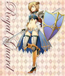 1girl armor armored_boots bikini_armor black_thighhighs blonde_hair blue_eyes boots breasts brown_background brown_horns character_name checkered_background closed_mouth commentary_request cross cross_necklace cross_of_prontera curled_horns full_body gauntlets hair_over_one_eye high_heel_boots high_heels holding holding_polearm holding_shield holding_weapon horns jewelry long_hair looking_at_viewer medium_breasts micoto navel necklace pauldrons polearm ragnarok_online royal_guard_(ragnarok_online) shield shoulder_armor smile solo spear standing standing_on_one_leg thighhighs weapon