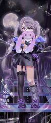 1girl absurdres bandaid bandaid_on_cheek bandaid_on_face bandaid_on_knee bandaid_on_leg bandaid_on_nose black_jacket black_skirt black_thighhighs broken_glass eyepatch full_body full_moon geow_(koseki_bijou) glass grey_hair grey_leg_warmers highres hololive hololive_english inana jacket jewel_under_eye koseki_bijou koseki_bijou_(casual) leg_warmers looking_at_viewer metal_wings moon official_alternate_costume official_alternate_hairstyle purple_eyes single_leg_warmer single_thighhigh skirt stairs standing thighhighs twintails virtual_youtuber