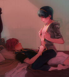 2boys bed marth_(fire_emblem) meep multiple_boys opening_shirt roy_(fire_emblem) sitting sitting_on_person yaoi
