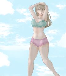 1girl absurdres armpits bikini blonde_hair breasts cleavage closed_eyes cloud day highres large_breasts long_hair navel ocean outdoors sky solo standing strapless swimsuit