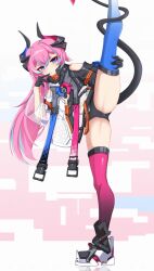 1girl black_gloves black_panties blue_eyes blue_thighhighs delta_(honkai_impact) dress full_body gloves honkai_(series) honkai_impact_3rd horns kneepits long_hair long_sleeves looking_at_viewer panties pink_hair pink_thighhighs rozaliya_olenyeva solo split standing standing_on_one_leg standing_split tail thick_eyebrows thighhighs underwear white_background white_dress xiaosa123