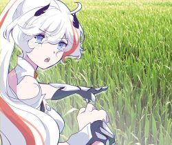 1girl ahoge bare_shoulders blue_eyes female_focus hair_intakes long_hair looking_at_viewer meme multicolored_hair open_mouth pointing ponytail pov red_hair solo tagme touch_grass_(meme) two-tone_hair watermark white_hair