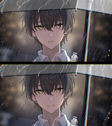 1boy animal animal_on_shoulder animalization bird bird_on_shoulder black_hair chinese_commentary chromatic_aberration commentary_request earrings hair_between_eyes highres holding holding_umbrella jewelry kohane_kun looking_at_viewer male_focus male_rover_(wuthering_waves) parted_lips portrait rain rover_(wuthering_waves) short_hair stud_earrings umbrella wuthering_waves yangyang_(bird)_(wuthering_waves) yangyang_(wuthering_waves) yellow_eyes