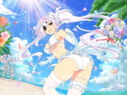 1girl :d arch ass bare_shoulders beach bikini blush bouquet bow breasts butt_crack cleavage cloud day dress eyepatch female_focus floral_arch flower flower_arch frills hair_ornament head_wreath heart highres huge_ass large_breasts light_rays long_hair looking_at_viewer navel ocean official_art open_mouth outdoors palm_tree petals pink_flower pink_rose purple_flower purple_rose red_eyes rose senran_kagura sky smile solo sunbeam sunlight swimsuit swing thighhighs tree twintails underboob wedding_dress white_bikini white_flower white_hair white_rose yaegashi_nan yagyu_(senran_kagura)
