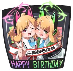 2girls animal_ear_headphones animal_ears blonde_hair blue_archive blue_necktie blue_ribbon blush collared_shirt datemegane fake_animal_ears green_eyes hair_ribbon halo hand_on_another&#039;s_hip happy_birthday headphones highres long_hair midori_(blue_archive) momoi_(blue_archive) multiple_girls necktie one_eye_closed open_mouth pink_eyes pink_ribbon ribbon sash shared_clothes shirt siblings sisters white_shirt