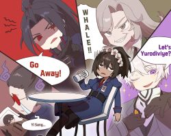 2girls 3boys ahab_(project_moon) black_hair blue_coat brown_hair chair coat commentary crying english_text glasses grey_eyes grey_hair gubo_(project_moon) highres jia_huan_(project_moon) limbus_company long_hair maid_headdress monster_energy multiple_boys multiple_girls necktie nelly_(project_moon) photo_(object) ponytail project_moon purple_eyes ranya_(artiraia) red-tinted_eyewear red_eyes red_necktie round_eyewear shirt short_hair sitting sonya_(project_moon) speech_bubble table tinted_eyewear white_shirt yi_sang_(project_moon)
