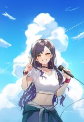 Rule 34 | 1girl, blue sky, breasts, cherrymeing, choker, cleavage, cloud, day, grin, hair ornament, hairclip, highres, holding, jewelry, large breasts, long hair, looking at viewer, microphone, midriff, navel, outdoors, project sekai, shiraishi an, shirt, short sleeves, skirt, sky, smile, solo, v, white shirt