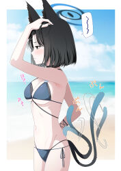 1girl animal_ears beach bikini black_eyes black_hair black_nails blue_archive blue_bikini blue_halo blue_sky breasts cat_ears cat_girl cat_tail cloud commentary_request cowboy_shot eko from_side halo hand_on_own_head highres horizon kikyou_(blue_archive) kikyou_(swimsuit)_(blue_archive) layered_bikini looking_ahead multiple_tails navel ocean official_alternate_costume side-tie_bikini_bottom sky solo speech_bubble standing stomach sweat swimsuit tail two_tails
