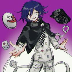 1boy black_cape buttons cape checkered_clothes checkered_scarf clown_mask commentary_request cuffs danganronpa_(series) danganronpa_v3:_killing_harmony dice flipped_hair gradient_background hair_between_eyes handcuffs hat highres long_sleeves looking_at_viewer male_focus mask multicolored_buttons oma_kokichi one_eye_closed pants purple_background purple_eyes purple_hair reaching reaching_towards_viewer scarf short_hair sketch smile solo standing straitjacket teardrop_facial_mark thigh_strap throwing two-tone_scarf unworn_hat unworn_headwear unworn_mask upper_body ze_ro_saiji
