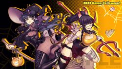 1other 2girls :d arm_up ass bandaged_arm bandaged_leg bandages black_background black_footwear black_hair black_skirt black_sleeves black_thighhighs blood blood_on_clothes blue_hair bodystocking boots bracelet breasts bridal_gauntlets broom chain chinese_commentary claw_pose cleavage cleavage_cutout closed_mouth clothing_cutout collar commentary_request demon_tail demon_wings detached_sleeves dress earrings english_text fingernails fishine fishnets foot_out_of_frame from_side glasses gradient_background grey_eyes hair_ornament halftone halloween hand_on_own_head happy_halloween hat high_heel_boots high_heels highres holding holding_broom holding_pitchfork horns indie_virtual_youtuber inkiiing jack-o&#039;-lantern jewelry knee_up lanmei large_breasts latex latex_boots latex_dress latex_sleeves licking_lips long_hair looking_at_viewer looking_to_the_side ludan_(blusewilly_retry) medium_hair microdress multicolored_background multiple_girls o-ring_dress o-ring_strap open_mouth orange_background original pink_eyes pitchfork pointy_ears ponytail pumpkin red_nails red_tail red_wings ring rope sharp_fingernails shirt shoes side_slit silk single_thighhigh skirt smile spider_web strap tail teeth thigh_boots thigh_strap thighhighs thighs three_quarter_view tongue tongue_out torn_clothes torn_thighhighs virtual_youtuber wings witch witch_hat yellow_shirt yellow_shoes