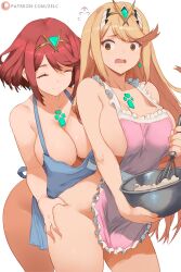 2girls ^_^ alternate_costume apron blonde_hair blue_apron bowl breasts brown_eyes chest_jewel cleavage closed_eyes closed_mouth commentary english_commentary frilled_apron frills grabbing_another&#039;s_ass groping headphones highres holding holding_bowl large_breasts long_hair multiple_girls mythra_(xenoblade) naked_apron patreon_logo patreon_username pink_apron pyra_(xenoblade) red_hair short_hair simple_background smile thighs white_background xenoblade_chronicles_(series) xenoblade_chronicles_2 yuri zelc-face