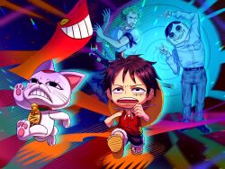 3boys alien animal_ears bandana_around_arm bell belt black_hair blue_shorts cat cat_ears collared_shirt commentary crossover dandadan english_commentary facial_scar full_body fur-trimmed_shorts fur_trim fusion_dance ghost green_hair hat index_finger_raised katana looking_at_another monkey_d._luffy multiple_boys nakai_kazuya neck_bell one_piece open_mouth pants red_vest roronoa_zoro running sandals scar scar_on_cheek scar_on_face serpo_(dandadan) sheath sheathed shirt short_hair shorts spiral standing straw_hat sucheen511 sword tanaka_mayumi turbo_granny_(dandadan) unworn_hat unworn_headwear vest voice_actor_connection weapon white_shirt