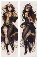 1girl ahoge ankh arm_wrap asymmetrical_legwear backless_leotard black_hair black_leotard black_nails black_shoes black_skirt black_sleeves breasts brown_eyes brown_hair dakimakura_(medium) gold_leotard gold_trim gradient_hair hara_rae_sol indie_virtual_youtuber kelfii leg_wrap leotard linea_alba long_hair lying median_furrow mismatched_legwear multicolored_hair multicolored_leotard on_back on_side open-toe_shoes second-party_source shoes showgirl_skirt single_fishnet_legwear skirt tan two-tone_leotard virtual_youtuber