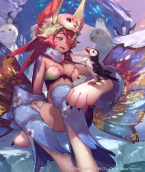 1girl animal_ears animal_on_arm bird bird_on_arm blue_eyes breasts bright_pupils copyright_notice detached_sleeves fur_collar hair_over_one_eye harp_seal karima_(lord_of_vermilion) large_breasts lord_of_vermilion open_mouth puffin red_hair seal_(animal) seal_hat selkie_(mythology) short_hair so-taro solo white_pupils