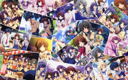 Rule 34 | 00s, 2girls, 3girls, 5girls, 6+girls, :d, antennae, apron, aputomu77, arm around neck, ass, back-to-back, bakery, baseball bat, basketball, black socks, blazer, blonde hair, blue eyes, blue hair, book, bread, brown eyes, brown hair, chair, cherry blossoms, cigarette, clannad, classroom, close-up, closed eyes, collage, collar, couple, covering own mouth, croissant, dango, drink, everyone, family, food, frown, fujibayashi kyou, fujibayashi ryou, furukawa akio, furukawa nagisa, furukawa sanae, giving, grey hair, grin, gym, gym uniform, hair bobbles, hair ornament, hair ribbon, hairband, hand in pocket, hand on own face, hand on shoulder, hand over mouth, hand over own mouth, hat, hetero, highres, holding, holding hands, ibuki fuuko, ichinose kotomi, jacket, long hair, lying, melon bread, multiple girls, necktie, o o, official art, official wallpaper, okazaki tomoya, one eye closed, open mouth, orange hair, outstretched arm, outstretched hand, own hands together, party hat, pastry, petals, photo (object), purple eyes, purple hair, reaching, ribbon, sad, sagara misae, sakagami tomoyo, sandwich, school, school uniform, shadow, shop, short hair, shorts, siblings, sisters, skirt, smile, socks, spring uniform, star (symbol), starfish, sunohara mei, sunohara youhei, taiyaki, tears, thighhighs, tree, twins, twintails, undone necktie, wagashi, wand, white socks, wind, wink, yellow eyes