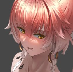 1girl bare_shoulders blush braid changli_(wuthering_waves) collarbone earrings feathers grey_background hair_between_eyes hoop_earrings jewelry looking_at_viewer multicolored_hair open_mouth pink_hair portrait short_hair simple_background solo tattoo twin_braids wuthering_waves yellow_eyes yjk-psycho