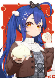 1girl absurdres ahoge amamiya_kokoro bag steamed_bun blue_hair blush commentary_request eating food food_on_face hair_ornament highres incoming_food jacket long_hair looking_at_viewer lunch_boxer nijisanji open_clothes open_jacket orange_eyes solo twintails upper_body virtual_youtuber x_hair_ornament