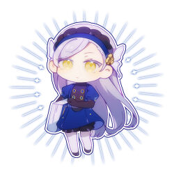 1girl black_bloomers black_gloves black_shoes bloomers blue_dress blue_hairband book butterfly_hair_ornament chibi chibi_only commentary dreamlessrabbit dress elbow_gloves english_commentary expressionless frilled_hairband frills gloves grey_hair hair_ornament hairband highres holding holding_book lavenza_(persona_5) long_hair looking_at_viewer persona persona_5 puffy_sleeves shoes simple_background solo swept_bangs underwear yellow_eyes