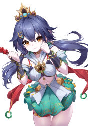 1girl absurdres bare_shoulders bra bridal_gauntlets chewing chinese_clothes choker clenched_hand closed_mouth commentary_request dango detached_collar detached_sleeves dintea earrings floating floating_hair food green_skirt grey_hair hair_between_eyes hair_floating_upwards hair_ornament hairclip hands_up head_tilt headpiece highres holding holding_food holding_skewer honkai:_star_rail honkai_(series) jewelry leaning_to_the_side long_hair looking_at_viewer low_twintails navel orange_eyes pendant short_sleeves simple_background single_earring skewer skirt solo solo_focus standing stomach thigh_gap thighlet thighs twintails underwear wagashi white_background yunli_(honkai:_star_rail)