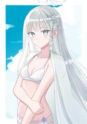 1girl akaya_(pixiv20545353) bikini blue_archive blue_sky braid breasts cleavage closed_mouth cloud commentary_request day grey_eyes grey_hair halo hand_on_own_elbow highres jacket jacket_on_shoulders long_hair nagusa_(blue_archive) nagusa_(swimsuit)_(blue_archive) navel sky small_breasts smile solo swimsuit very_long_hair white_bikini white_jacket