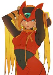 black_bodysuit bliss_zero_(mega_man) blonde_hair blue_eyes bodysuit bodysuit_under_clothes breasts covered_navel crop_top genderswap genderswap_(mtf) helmet highres long_hair looking_at_viewer medium_breasts mega_man_(series) mega_man_zero_(series) midnight_bliss simple_background svc_chaos twitter_username white_background yinke zero(z)_(mega_man) zero_(mega_man)