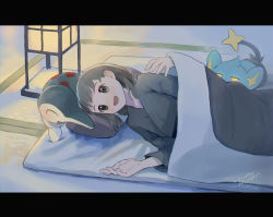 1girl akari_(pokemon) black_hair bubble commentary_request cyndaquil futon gen_2_pokemon gen_4_pokemon grey_eyes highres indoors kikuyoshi_(tracco) lantern letterboxed long_hair lying nintendo on_side open_mouth pokemon pokemon_(creature) pokemon_legends:_arceus shinx signature smile tatami