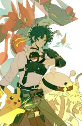 1boy asaba_harumasa belt black_choker black_gloves black_necktie black_pants choker closed_mouth clothes_around_waist collared_shirt commentary_request creatures_(company) crossover dragapult electivire electricity game_freak gen_1_pokemon gen_2_pokemon gen_4_pokemon gen_8_pokemon gloves grin headband highres holding holding_poke_ball kanikaniroom korean_commentary male_focus necktie nintendo open_mouth pants pikachu poke_ball poke_ball_(basic) pokemon pokemon_(creature) rotom rotom_(normal) scizor shirt simple_background smile white_background white_shirt yellow_eyes yellow_headband zenless_zone_zero