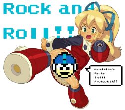 1girl android blonde_hair blush censored english_text flat_chest full_body green_eyes highres kicking long_hair mega_man_(character) mega_man_(classic) mega_man_(series) novelty_censor open_mouth ponytail roll_(mega_man) wakaho_riku