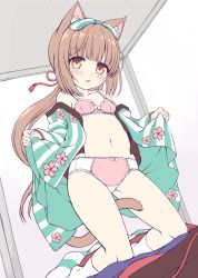 Rule 34 | 1girl, animal ear fluff, animal ears, bad id, bad twitter id, bare shoulders, between legs, blush, bow, bow bra, bow panties, bra, breasts, brown eyes, brown hair, cat ears, cat girl, cat tail, collarbone, commentary request, dutch angle, female focus, fingernails, flat color, floral print, green bow, green kimono, hair bow, highres, idolmaster, idolmaster cinderella girls, inactive account, japanese clothes, kemonomimi mode, kimono, kneeling, long hair, long sleeves, looking at viewer, low ponytail, matching underwear, navel, no shoes, off shoulder, open clothes, open kimono, panties, parted lips, pink bra, pink panties, ponytail, print kimono, sakuraba hikaru (loveindog), sidelocks, sleeves past wrists, small breasts, socks, solo, striped bow, striped clothes, striped kimono, tail, tail between legs, underwear, unfinished, vertical-striped clothes, vertical-striped kimono, very long hair, white socks, yorita yoshino