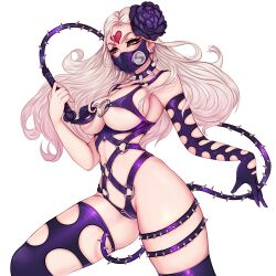 1girl black_sclera blonde_hair bondage_outfit breasts collar colored_sclera dominatrix facial_mark forehead_mark gloves hair_ornament heart highres kaijin_hime_do-s kuchicute large_breasts long_hair looking_at_viewer mask navel o-ring one-punch_man solo spiked_collar spikes thighhighs whip