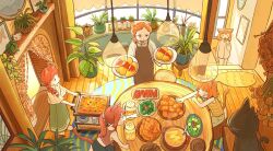 5girls :q animal animal_ears apron basket black_apron bowl braid braided_ponytail bread cart casserole cat cat_ears cat_girl cat_tail ceiling_light closed_eyes croissant dining_room family fern flower food from_above furry furry_female green_skirt hair_over_shoulder highres holding holding_plate indoors ketchup long_skirt medium_hair multiple_girls omelet onoyama_(machikz1) open_mouth original pajamas pitcher plant plate ponytail potted_plant red_hair rug salad sausage shelf single_braid skirt sleepy slice_of_life soup stairs stool tail tongue tongue_out vase wooden_floor yawning