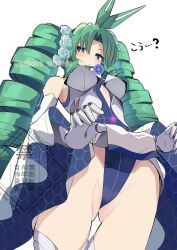 1girl blue_leotard character_request clothes_lift copyright_request cowboy_shot dress dress_lift drill_hair flower green_eyes green_flower green_hair green_rose hair_flower hair_ornament highres koshian_(taiyaki) leotard long_hair rose simple_background solo twin_drills white_background white_dress