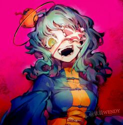 1girl @_@ apple aqua_hair artist_name blue_jacket breasts chinese_commentary colored_eyelashes commentary_request cowboy_shot crazy crazy_smile dress drooling eyepatch food food_on_head frilled_eyepatch fruit fruit_on_head green_eyes halo heart heart-shaped_eyewear jacket large_breasts laughing long_sleeves looking_at_viewer medium_hair object_on_head open_clothes open_jacket open_mouth original pink_background ribbon smile solo teeth traditional_halo turtleneck turtleneck_dress upper_teeth_only white_ribbon yellow_corset yellow_dress yellow_halo yichen_wendy