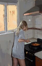 Rule 34 | 1girl, blonde hair, cowboy shot, from behind, fuyumurasaki, highres, indoors, kitchen, long hair, looking at object, no pants, painterly, real life, realistic, solo, standing, stove, window