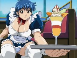 00s 1girl 2003 animated animated_gif ass blue_panties breasts brown_eyes cafe cleavage couch food huge_ass ice_cream large_breasts lowres nami_sos! panties skirt sundae tagme thighhighs tray underwear waitress waitress_uniform window yamane_chisato
