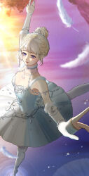 1girl ballerina ballet_slippers bead_bracelet beads blonde_hair bracelet breasts choker circle_skirt cleavage collarbone dancing dress eyelashes feathers foot_out_of_frame fur-trimmed_gloves fur_choker fur_strap fur_trim glittering_date_(shining_nikki) gloves hair_beads hair_bun hair_ornament highres jewelry kohanai_setsuna lake leg_up light_blush light_particles lipstick makeup nikki_(series) outdoors outstretched_arms pantyhose parted_lips partially_fingerless_gloves purple_eyes purple_sky red_lips reflection reflective_water ripples shining_nikki shoes short_dress short_hair single_hair_bun sky sleeveless sleeveless_dress smile solo standing standing_on_liquid sun sunlight sunset tiara tiptoes tree tutu updo white_choker white_dress white_gloves white_pantyhose white_shoes