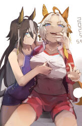 2girls absurdres animal_ears arm_around_neck breasts brown_hair clothes_lift collared_jacket competition_school_swimsuit dream_journey_(umamusume) ear_covers ear_ornament fangs finger_in_another&#039;s_mouth grey_hair head_back headband highres horse_ears jacket jewelry large_breasts lifting_another&#039;s_clothes long_hair long_sleeves looking_at_another looking_at_viewer monocle multicolored_hair multiple_girls navel no_bra open_clothes open_jacket orfevre_(umamusume) pink_eyes red_jacket red_shorts school_swimsuit shirt_lift shorts single_ear_cover sitting stomach sweat swimsuit tracen_swimsuit tracen_training_uniform track_jacket track_suit umamusume underboob unzipped very_long_hair wista zipper