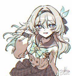 1girl black_bow black_hairband black_sailor_collar blue_eyes blue_pupils bow bowtie breasts brown_skirt chromatic_aberration commentary_request firefly_(honkai:_star_rail) firefly_(spring_missive)_(honkai:_star_rail) gradient_hair green_bow green_bowtie green_hair grey_hair hair_bow hairband hand_up heavy_chromatic_aberration highres honkai:_star_rail honkai_(series) korean_commentary large_breasts long_sleeves looking_at_viewer multicolored_eyes multicolored_hair official_alternate_costume open_mouth orange_eyes plaid_clothes plaid_skirt sailor_collar school_uniform shirt signature skirt smile solo sw_haze two-tone_eyes white_shirt