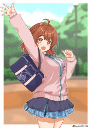 1girl ahoge arm_up ayamal_(mainichi_ryokucha) bag black_overskirt blue_ribbon blue_skirt blush border breasts brown_hair cardigan commentary_request gakuen_idolmaster gradient_hair hanami_ume hatsuboshi_gakuen_school_uniform highres idolmaster long_sleeves looking_at_viewer medium_breasts medium_hair miniskirt multicolored_hair neck_ribbon orange_hair outdoors outside_border pink_cardigan pleated_skirt ribbon school_bag school_uniform shirt skirt smile solo thighs twitter_username white_border white_shirt