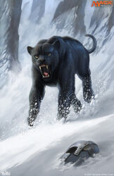 animal_focus black_fur brian_valeza day english_text guenhwyvar helmet highres jaguar logo magic:_the_gathering no_humans open_mouth outdoors sharp_teeth snow solo teeth tree unworn_headwear unworn_helmet