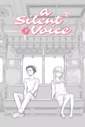Rule 34 | 1boy, 1girl, ballet slippers, copyright name, couch, door, dress, frown, full body, highres, ishida shouya, koe no katachi, long hair, nishimiya shouko, non-web source, official art, on couch, ooima yoshitoki, pants, partially colored, short hair, sitting, train interior, window