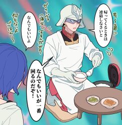 2boys apron blonde_hair blue_hair bowl char_aznable eye_mask food fuji_(f_ukkami) gundam gundam_gquuuuuux helmet highres holding holding_food long_sleeves male_focus military_uniform multiple_boys open_mouth plate rice rice_bowl rice_cooker seiza shirt short_hair shuji_ito sitting speech_bubble table white_shirt