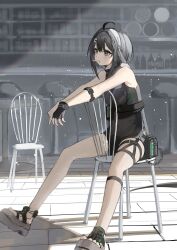 Rule 34 | 1girl, absurdres, ahoge, arknights, bar stool, bare arms, bare shoulders, black feathers, black gloves, black hair, black leotard, blush, feather hair ornament, feathers, fingerless gloves, gloves, grey eyes, grey sandals, hair between eyes, hair intakes, hair ornament, hairband, hairclip, hashtag-only commentary, highres, indoors, la pluma (arknights), leotard, mikeneko90, mouth hold, on chair, revision, sandals, single glove, sitting, sitting backwards, solo, stool, white hairband, wooden floor