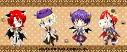 4boys :d alchemist_(ragnarok_online) animal_ears axe baggy_pants bandage_over_one_eye black_wings blonde_hair blood blue_cape blue_eyes blush brown_background brown_coat brown_pants brown_shoes cape capelet cat_boy cat_ears chibi chibi_only closed_mouth clown_(ragnarok_online) coat collared_shirt commentary_request cross cross_necklace deviling fake_wings full_body gold_trim grin halloween happy_halloween high_priest_(ragnarok_online) high_wizard_(ragnarok_online) holding holding_axe holding_mask holding_pitchfork jewelry long_sleeves looking_at_viewer mask meruya_(catcan) multiple_boys necklace one_eye_closed open_mouth pants pitchfork purple_hair purple_pants purple_vest ragnarok_online red_cape red_capelet red_eyes red_hair shirt shoes short_hair smile two-sided_cape two-sided_fabric vanilmirth_(ragnarok_online) vest white_coat white_pants white_shirt wings yellow_eyes