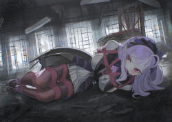 1girl absurdres arms_behind_back black_pantyhose breasts cailin020 dress frilled_dress frills full_body gag high_heels highres indoors lying medium_breasts on_side pantyhose peril purple_hair red_eyes restrained shibari shibari_over_clothes slit_pupils solo thigh_gap vivian_(zenless_zone_zero) zenless_zone_zero