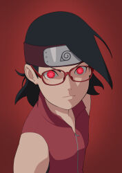 Rule 34 | 1girl, black hair, boruto: naruto next generations, closed mouth, eeshin (eishin5584), forehead protector, glasses, konohagakure symbol, looking at viewer, mangekyou sharingan, naruto (series), red-framed eyewear, red shirt, sharingan, shirt, short hair, sleeveless, sleeveless shirt, solo, uchiha sarada, zipper pull tab