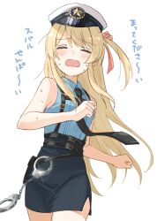 Rule 34 | 1girl, alternate costume, bare shoulders, blonde hair, blush, closed eyes, cuffs, female service cap, hair ribbon, handcuffs, hat, highres, hololive, hololive dev is, japan national police, long hair, necktie, nisi ki no, open mouth, otonose kanade, pencil skirt, police, police uniform, policewoman, red ribbon, ribbon, skirt, sleeveless, solo, translation request, virtual youtuber, white background